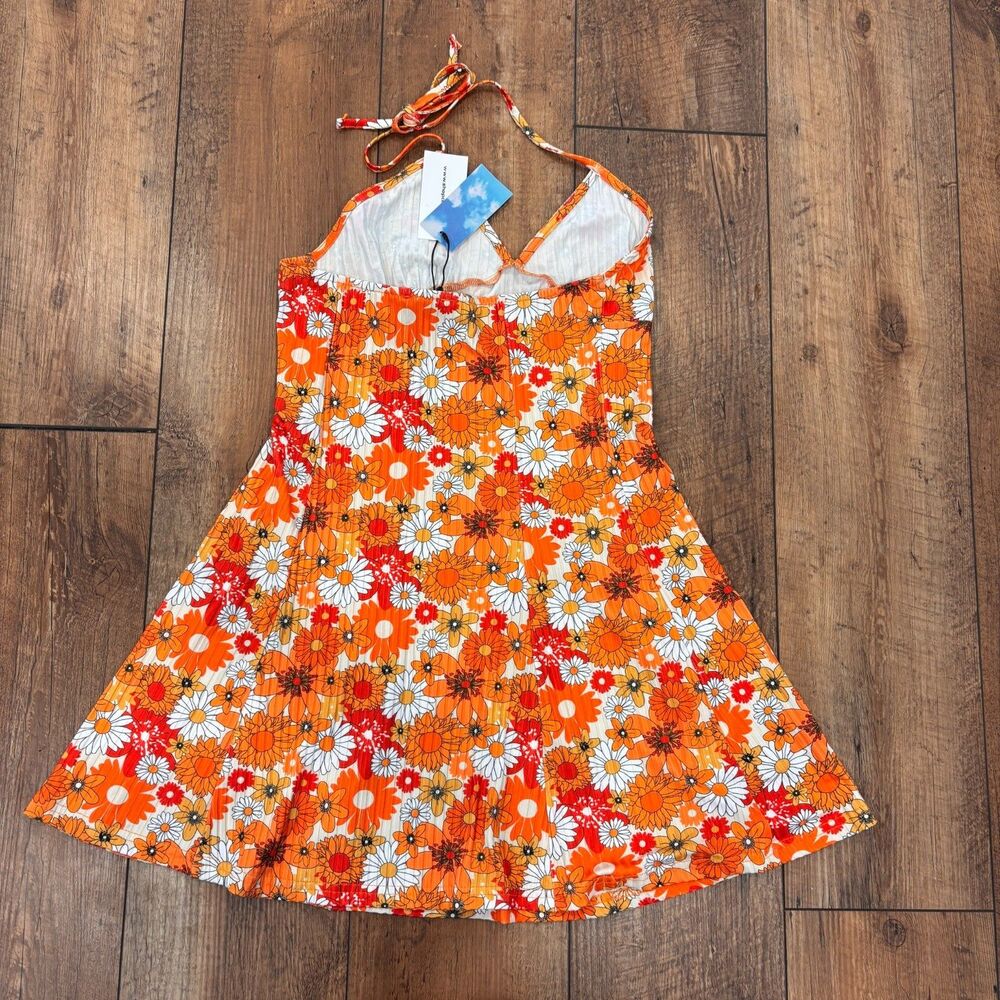 CIDER NWT Orange Floral Halter Mini Dress Women's L Retro Y2K Summer Cottagecore - Picture 4 of 6